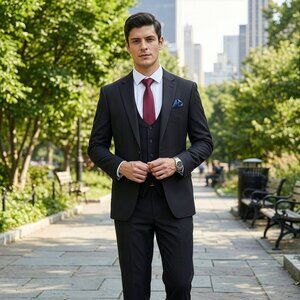 New 2026 Mens 3pc Pinstripe Black Suit Set, Hybrid Fit (H1)